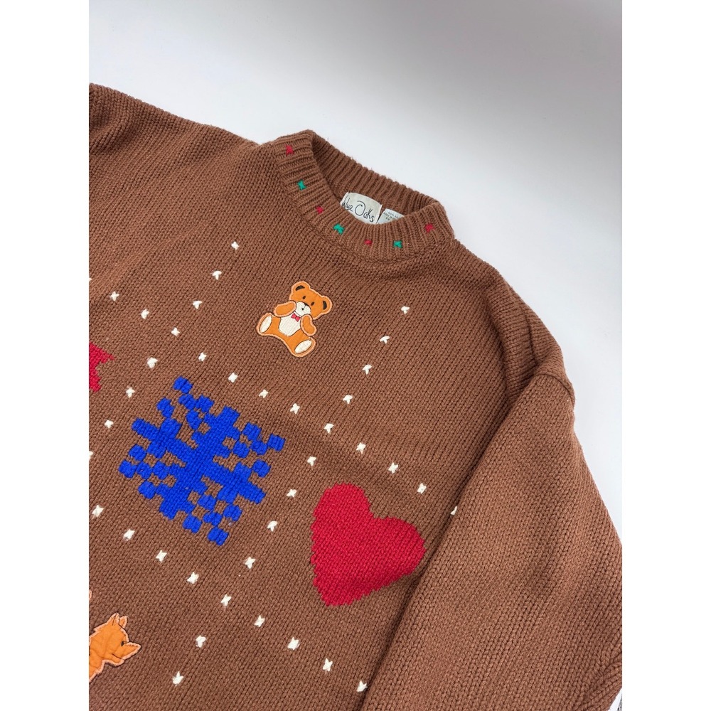 Vintage Teddy Patchwork Knit‎ Brown Sweater Cottagecore 80s